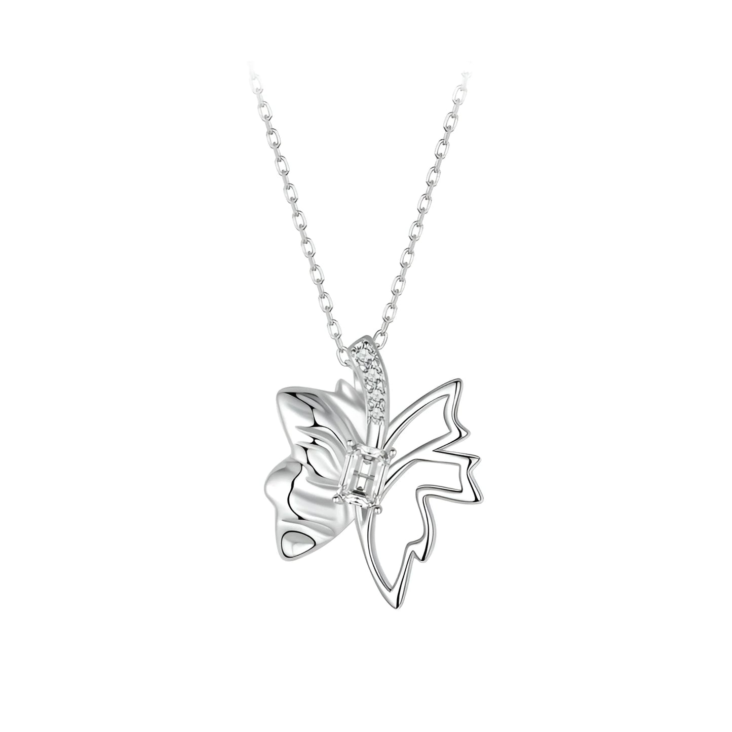 Autumn Elegance: White Gold Plated Sterling Silver Leaf Butterfly Necklace - Pendant Necklaces