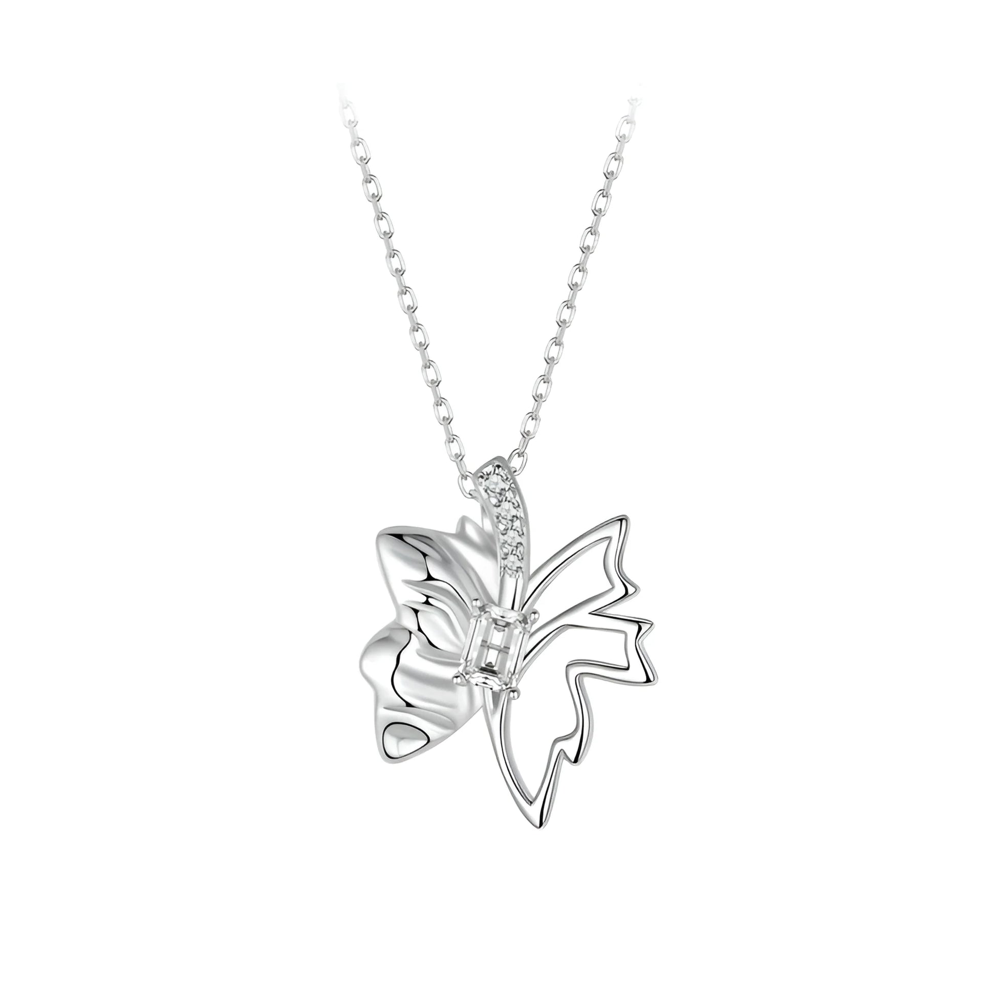 Autumn Elegance: White Gold Plated Sterling Silver Leaf Butterfly Necklace - Pendant Necklaces