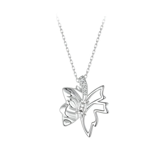 Autumn Elegance: White Gold Plated Sterling Silver Leaf Butterfly Necklace - Pendant Necklaces