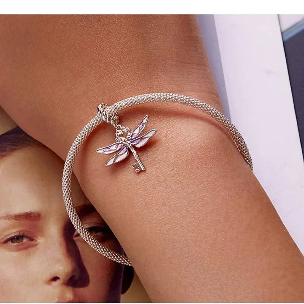 Sterling Silver Dragonfly Key Charm with Enamel - Colorful Pendant for Bracelets - Charms