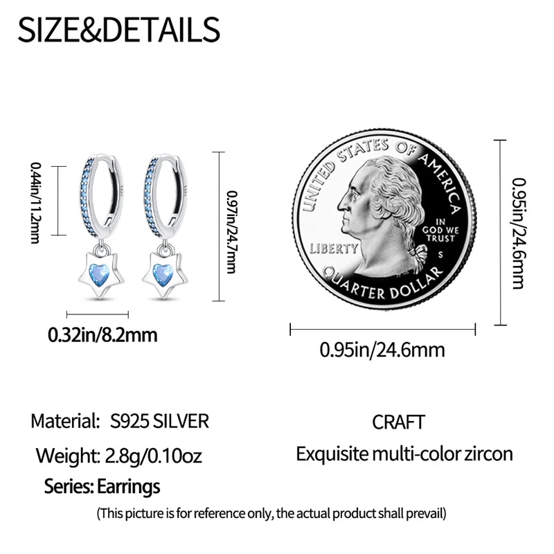 Celestial Charm Sterling Silver Hoop Earrings With Blue Star And Heart - Drop