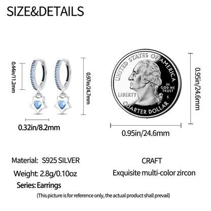 Celestial Charm Sterling Silver Hoop Earrings With Blue Star And Heart - Drop