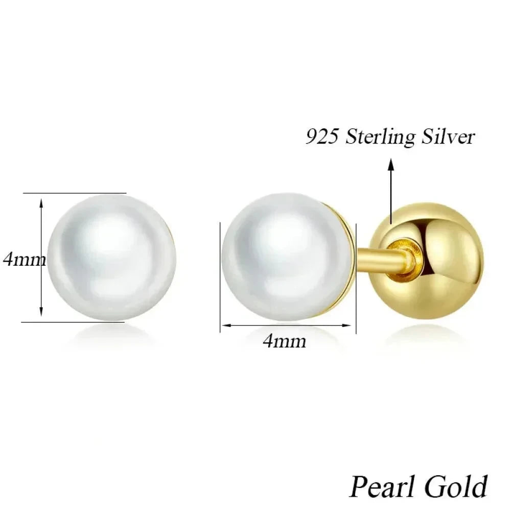 Charm And Elegance: 925 Sterling Silver Pearl Beads Screw Stud Earrings 4Mm Gold