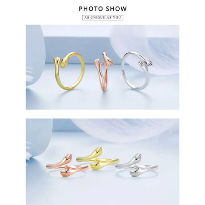 925 Sterling Silver Hug Warmth and Love Hand Adjustable Ring for Women - His Big Loving Hugs in 3 Colors - Rings