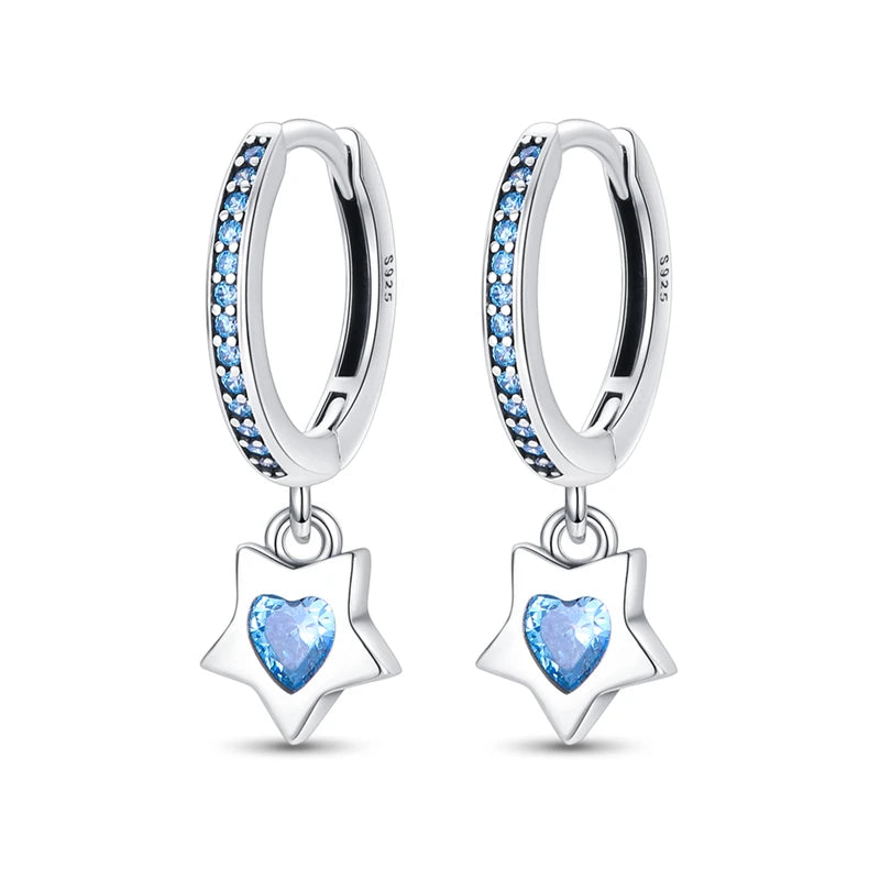 Celestial Charm Sterling Silver Hoop Earrings With Blue Star And Heart - Drop
