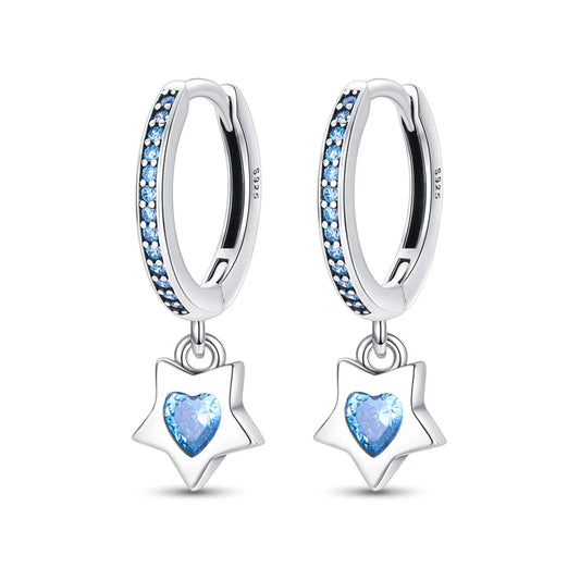 Celestial Charm Sterling Silver Hoop Earrings With Blue Star And Heart - Drop