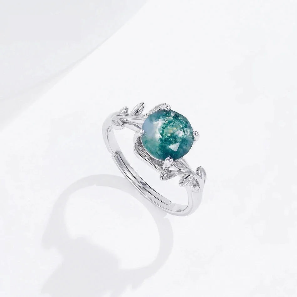 Nature’s Embrace: Adjustable Sterling Silver Moss Agate Ring Rings