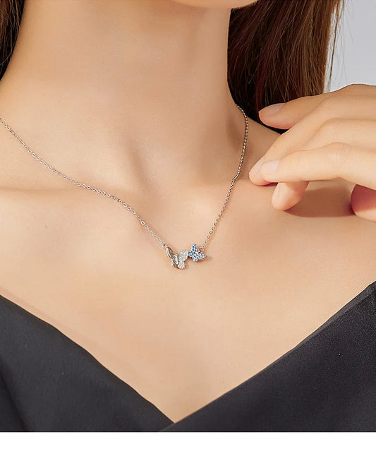 Soar with Style: Blue Zircon Korean Style Sterling Silver Butterfly Necklace - Necklaces