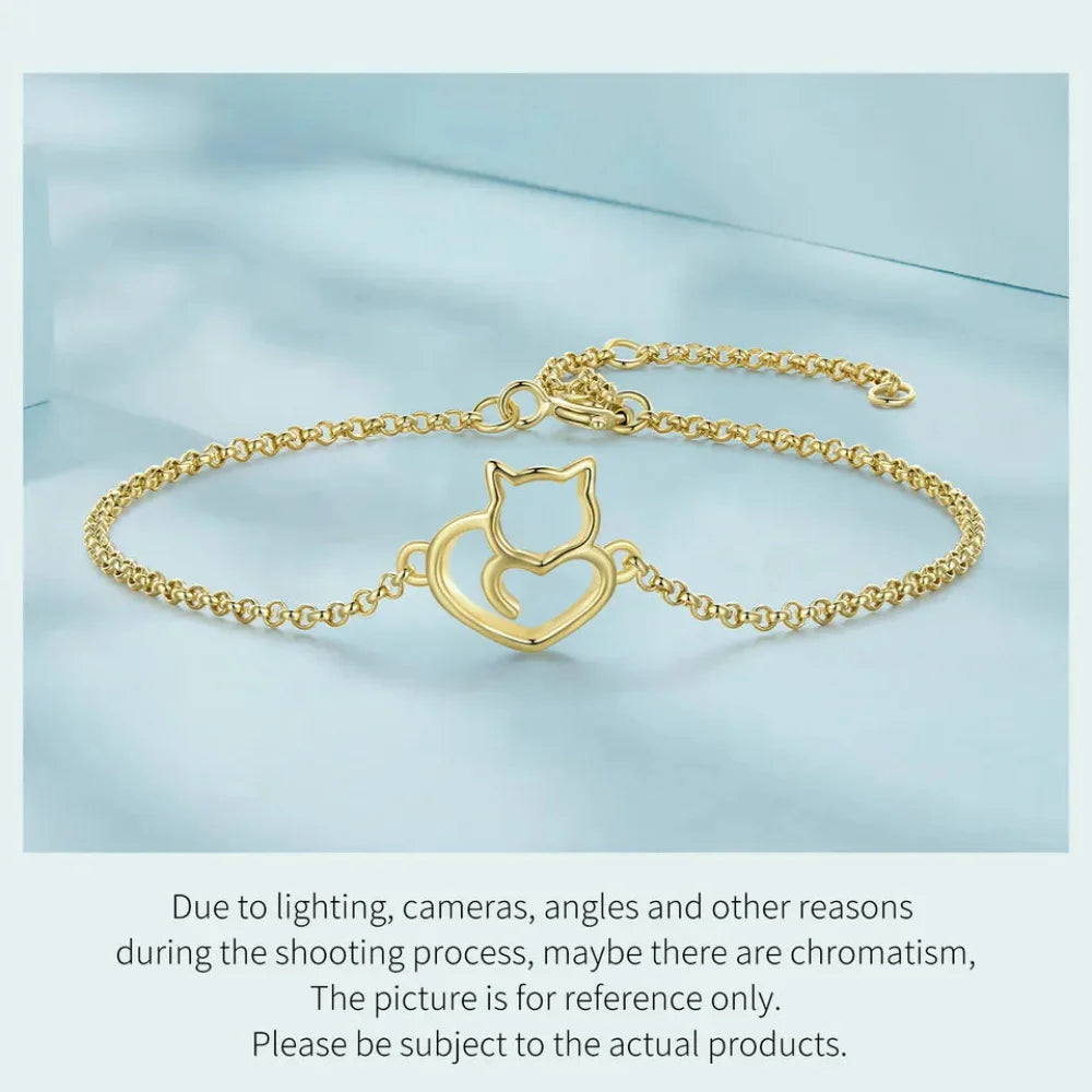 925 Sterling Silver Cat & Heart Link Chain Bracelets | Authentic jewellery Gift in 3 Colors