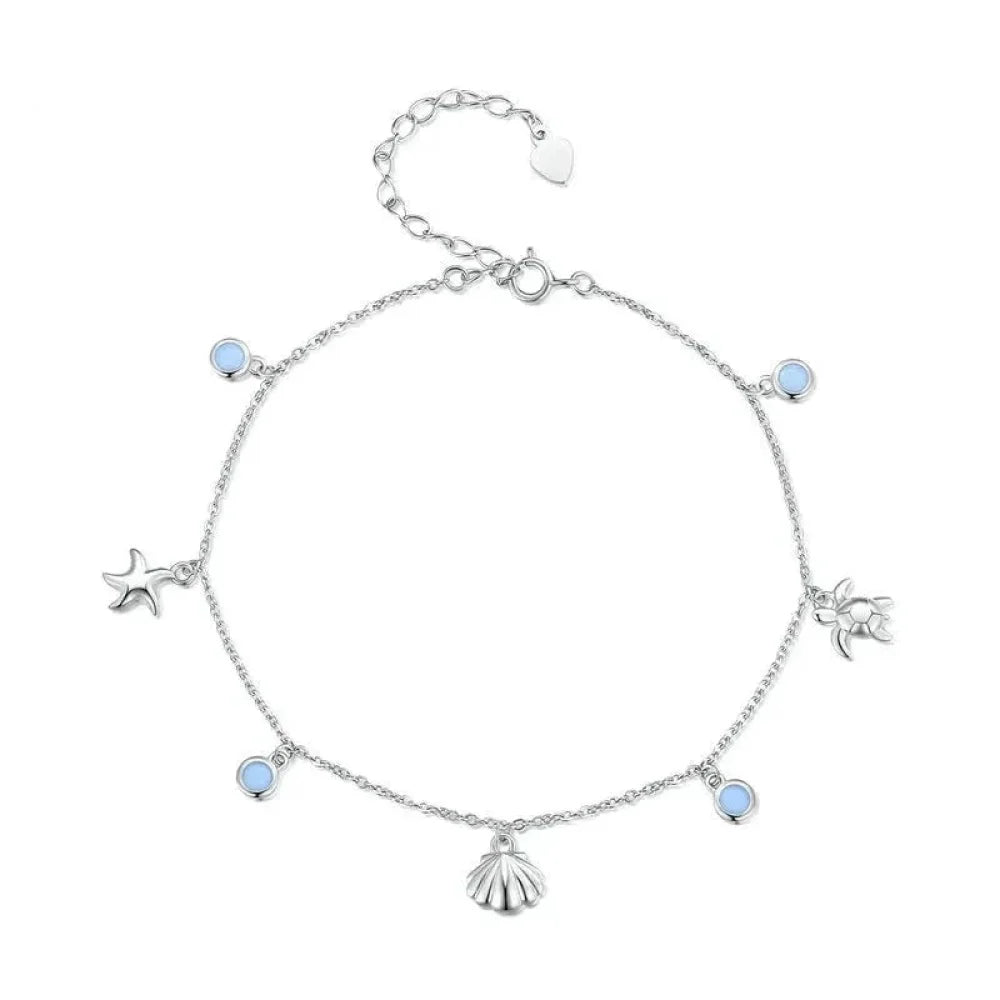925 Sterling Silver Seastar and Shell Pendant Anklet | Simple Chain Foot jewellery for Women | Platinum Plated Summer
