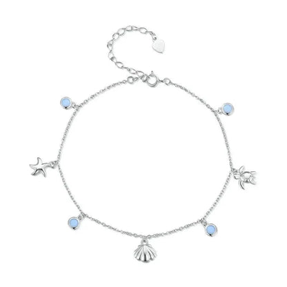 925 Sterling Silver Seastar and Shell Pendant Anklet | Simple Chain Foot jewellery for Women | Platinum Plated Summer