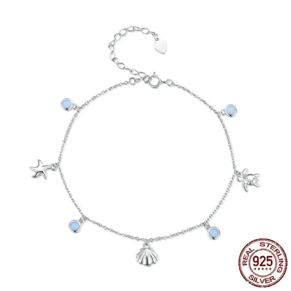 925 Sterling Silver Seastar and Shell Pendant Anklet | Simple Chain Foot jewellery for Women | Platinum Plated Summer