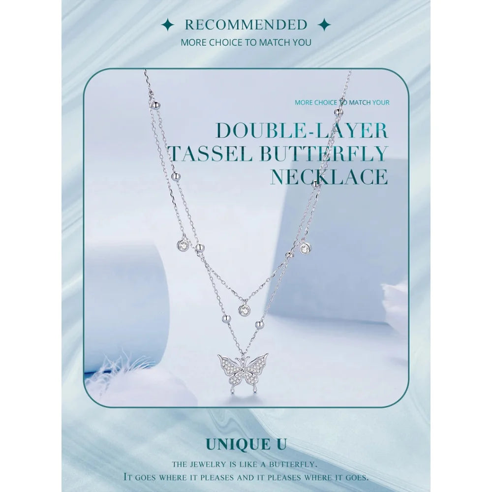 925 Sterling Silver Double-layer Tassel Butterfly Pendant Necklace for Women - Elegant Fine jewellery - Necklaces