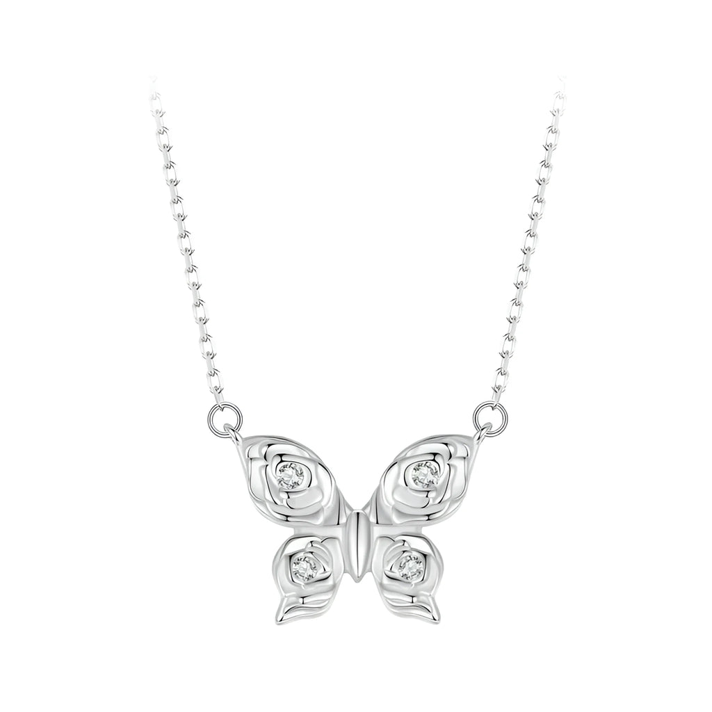 Romantic Elegance: Zircon White Gold Plated Rose Butterfly Sterling Silver Necklace Necklaces