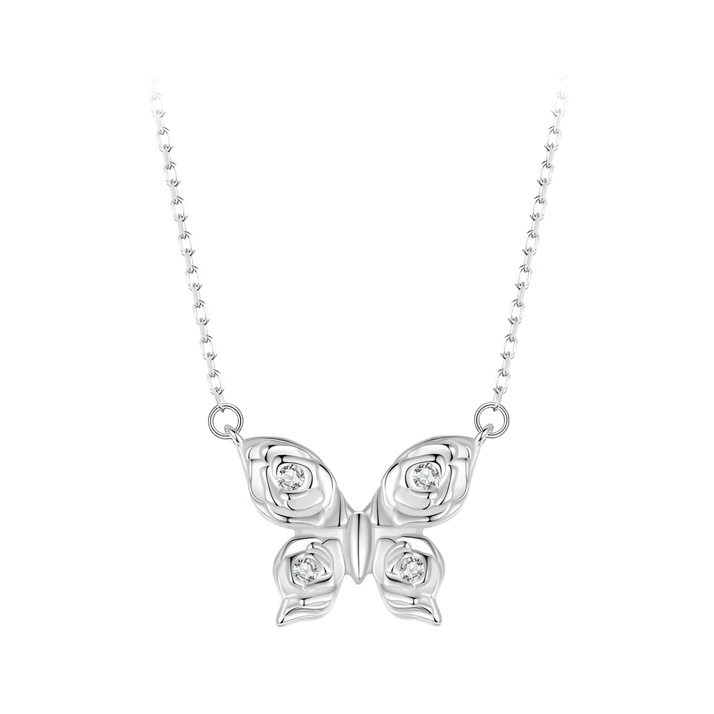 Romantic Elegance: Zircon White Gold Plated Rose Butterfly Sterling Silver Necklace - Necklaces