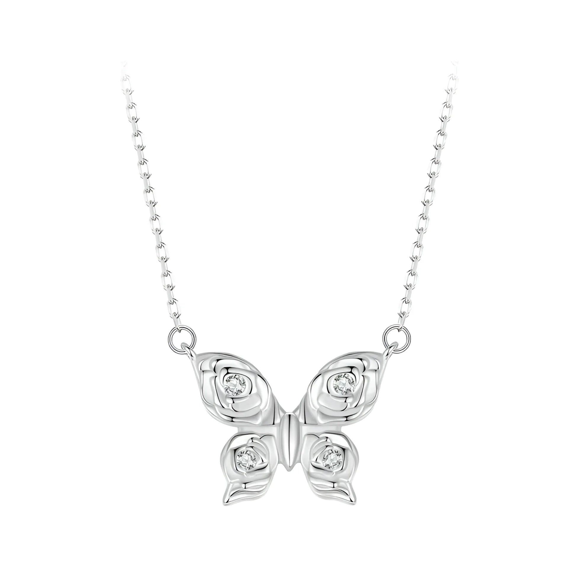 Romantic Elegance: Zircon White Gold Plated Rose Butterfly Sterling Silver Necklace - Necklaces