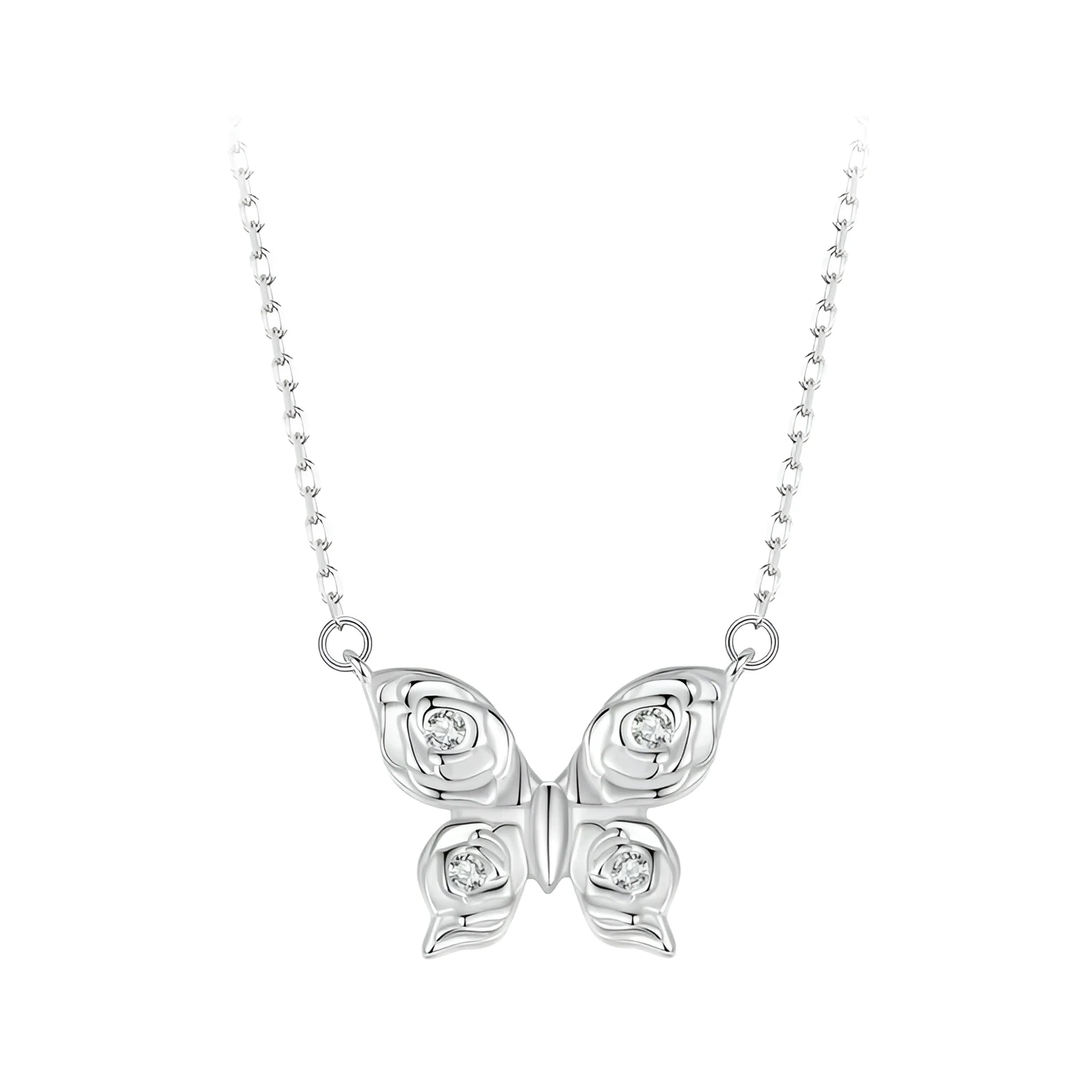 Romantic Elegance: Zircon White Gold Plated Rose Butterfly Sterling Silver Necklace Necklaces
