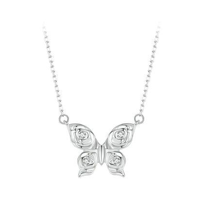 Romantic Elegance: Zircon White Gold Plated Rose Butterfly Sterling Silver Necklace - Necklaces