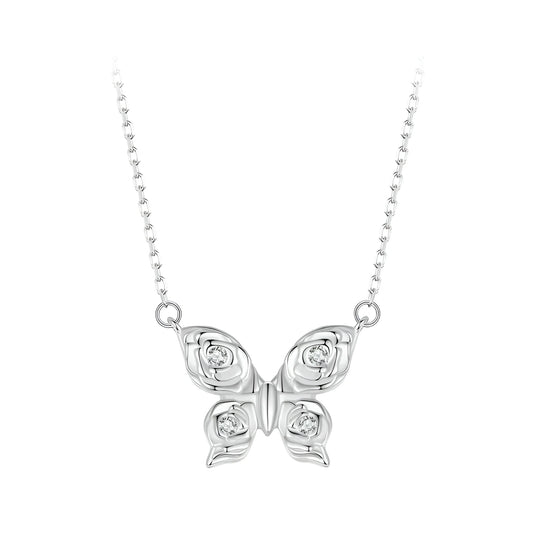Romantic Elegance: Zircon White Gold Plated Rose Butterfly Sterling Silver Necklace - Necklaces