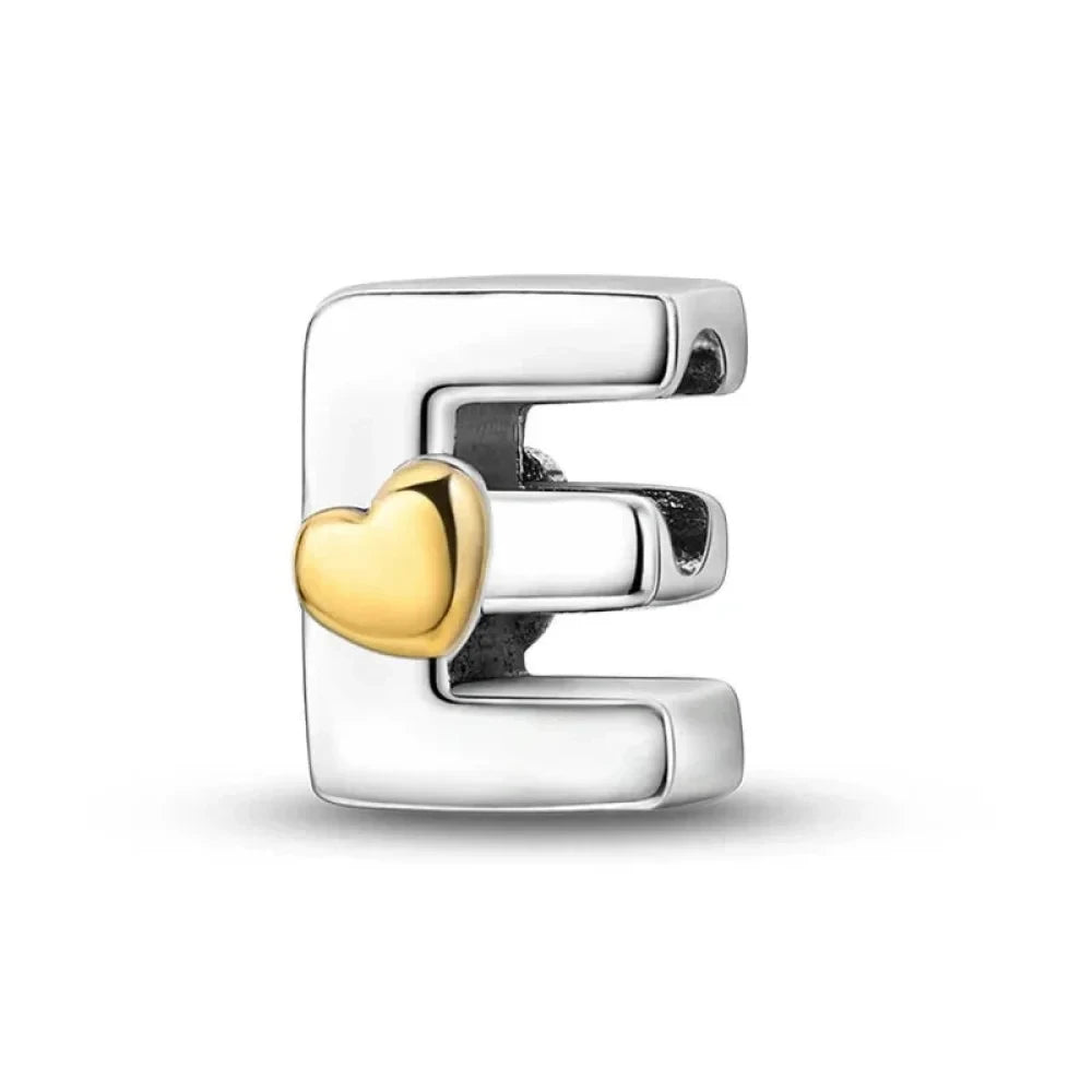 Personalize Your Bracelet: 925 Silver Alphabet Bead with Gold Heart - E - Charms