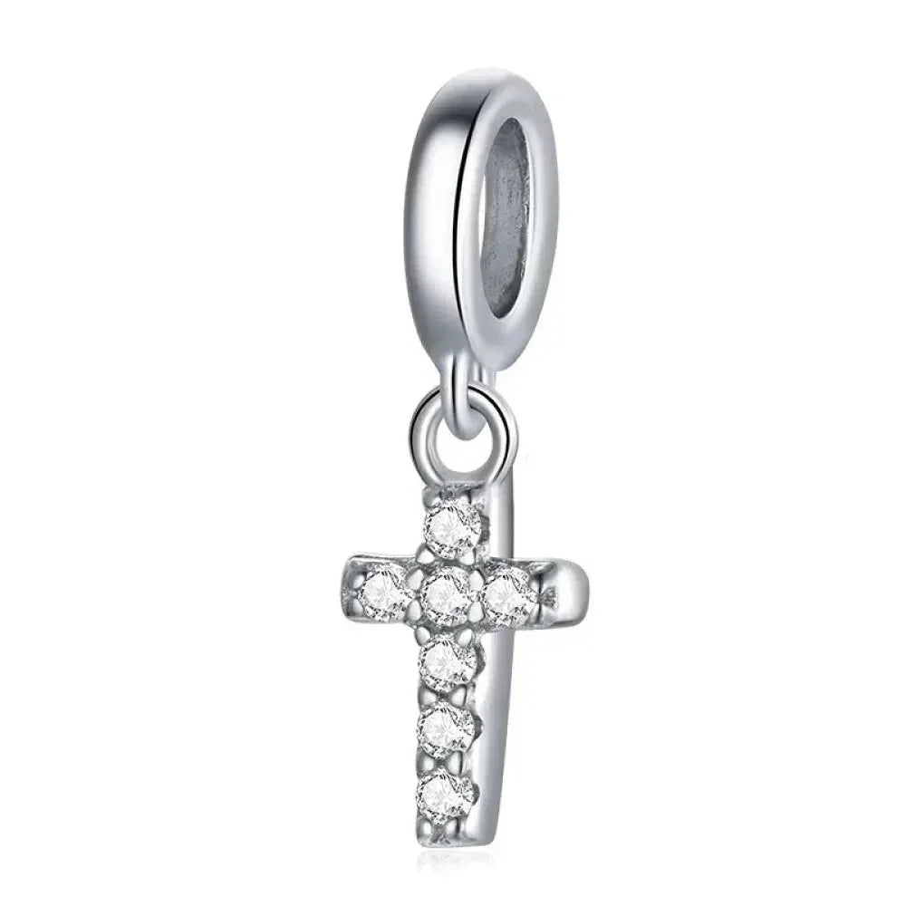 925 Sterling Silver Clear 5A Crystal Collection Family Heart Cross Charm Beads For Bracelet & Necklace Pendant Bsx003 L