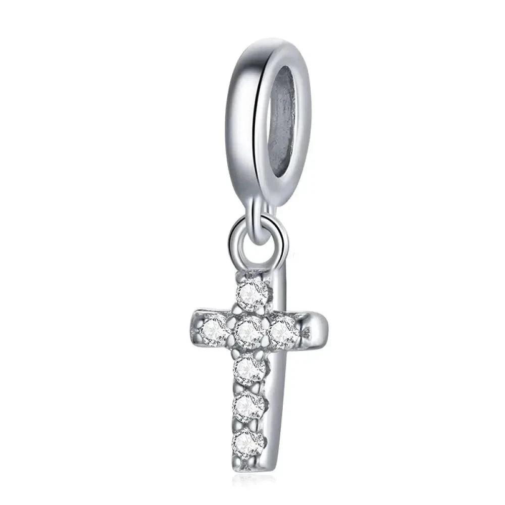 925 Sterling Silver Clear 5A Crystal Collection Family Heart Cross Charm Beads for Bracelet & Necklace Pendant