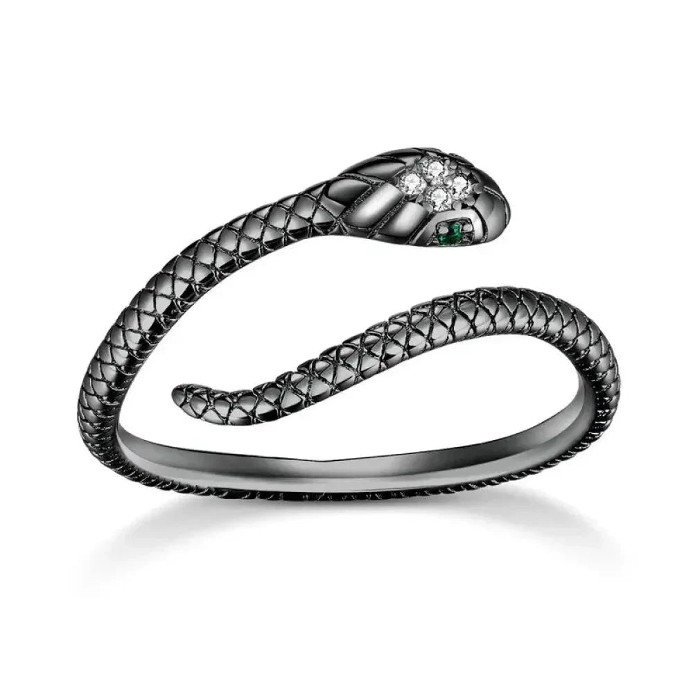 925 Sterling Silver Adjustable Snake Ring with Green Zircon - Fashion jewellery in 4 Colors - Black - Rings