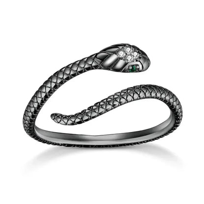 925 Sterling Silver Adjustable Snake Ring with Green Zircon - Fashion jewellery in 4 Colors - Black - Rings