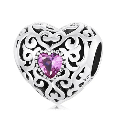 925 Sterling Silver DIY Heart Charm with Pink Zircon - BSC777 - Scc2136 - Charms