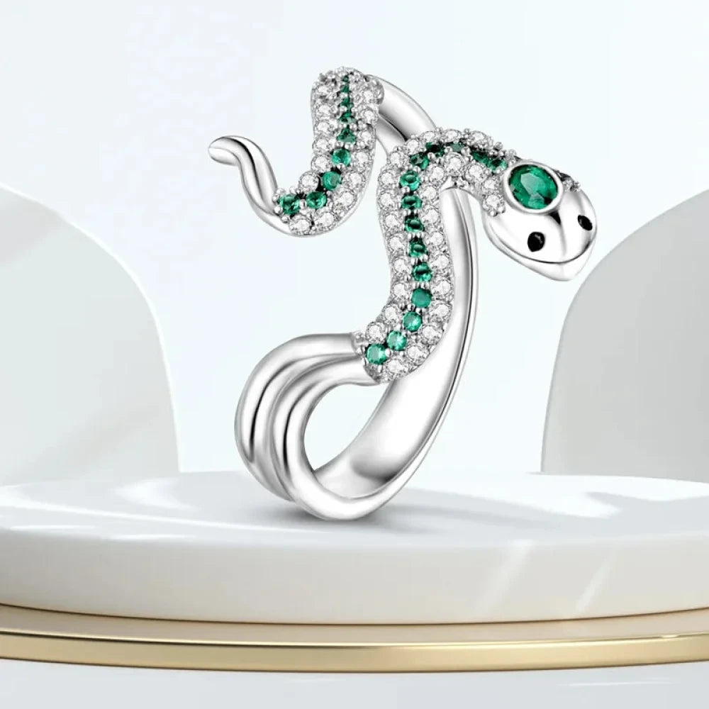 Uncoil Enchantment: Green Snake Ring with Shimmering Zirconia - Rings