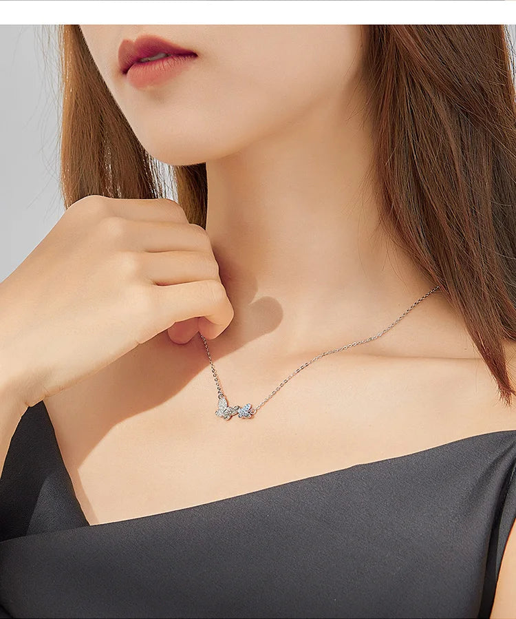 Soar with Style: Blue Zircon Korean Style Sterling Silver Butterfly Necklace - Necklaces