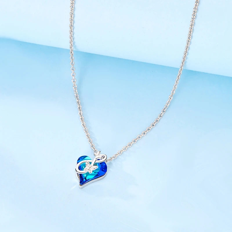 925 Sterling Silver Blue Crystal Heart & Butterfly Necklace - Necklaces