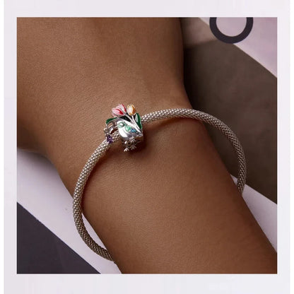 Springtime Charm - Sterling Silver Flower & Bird Pendant for Bracelets - Charms