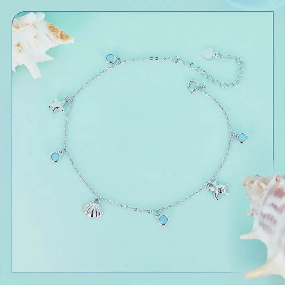 925 Sterling Silver Seastar and Shell Pendant Anklet | Simple Chain Foot jewellery for Women | Platinum Plated Summer