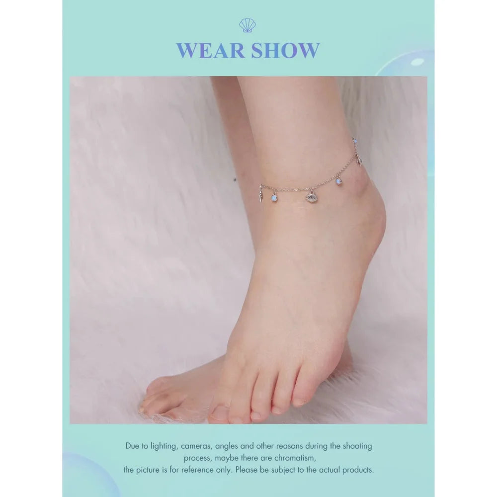 925 Sterling Silver Seastar and Shell Pendant Anklet | Simple Chain Foot jewellery for Women | Platinum Plated Summer