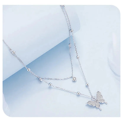 925 Sterling Silver Double-layer Tassel Butterfly Pendant Necklace for Women - Elegant Fine jewellery - Necklaces