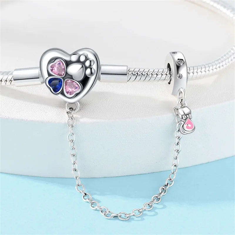 Heartfelt Paw Print Sterling Silver Charm Bracelet With Safety Chain - Bracelets