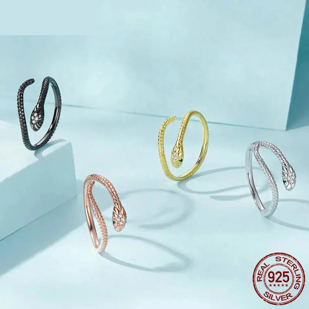925 Sterling Silver Adjustable Snake Ring with Green Zircon - Fashion jewellery in 4 Colors - Rings