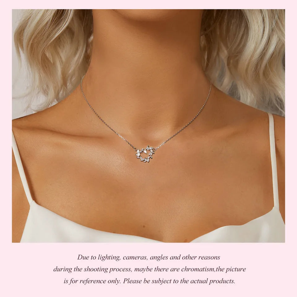 Infinite Love: White Gold Plated Leaves Heart Sterling Silver Necklace - Necklaces
