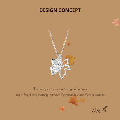 Autumn Elegance: White Gold Plated Sterling Silver Leaf Butterfly Necklace - Pendant Necklaces