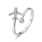 Genuine 925 Sterling Silver Flying Plane Open Adjustable Ring With Clear Cz Fine Jewelry Rings