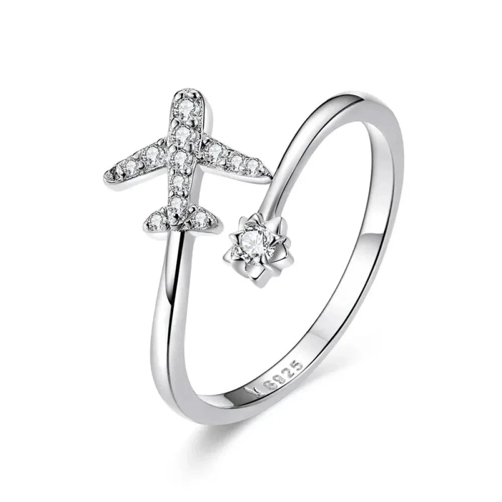 Genuine 925 Sterling Silver Flying Plane Open Adjustable Ring with Clear CZ - Fine jewellery - Rings