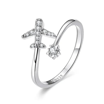 Genuine 925 Sterling Silver Flying Plane Open Adjustable Ring with Clear CZ - Fine jewellery - Rings