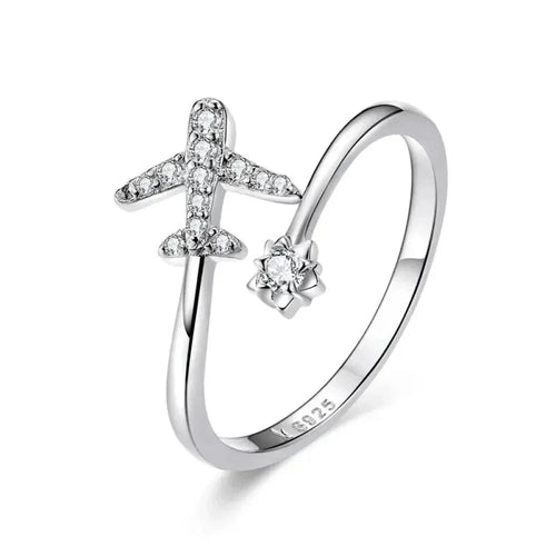 Genuine 925 Sterling Silver Flying Plane Open Adjustable Ring With Clear Cz Fine Jewelry Rings