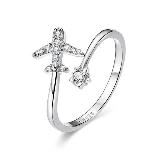 Genuine 925 Sterling Silver Flying Plane Open Adjustable Ring with Clear CZ - Fine jewellery - Rings