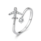 Genuine 925 Sterling Silver Flying Plane Open Adjustable Ring With Clear Cz Fine Jewelry Rings