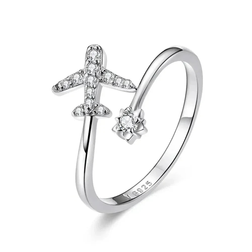 Genuine 925 Sterling Silver Flying Plane Open Adjustable Ring with Clear CZ - Fine jewellery - Rings