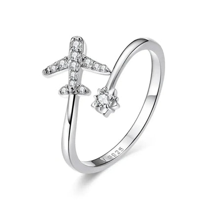 Genuine 925 Sterling Silver Flying Plane Open Adjustable Ring with Clear CZ - Fine jewellery - Rings