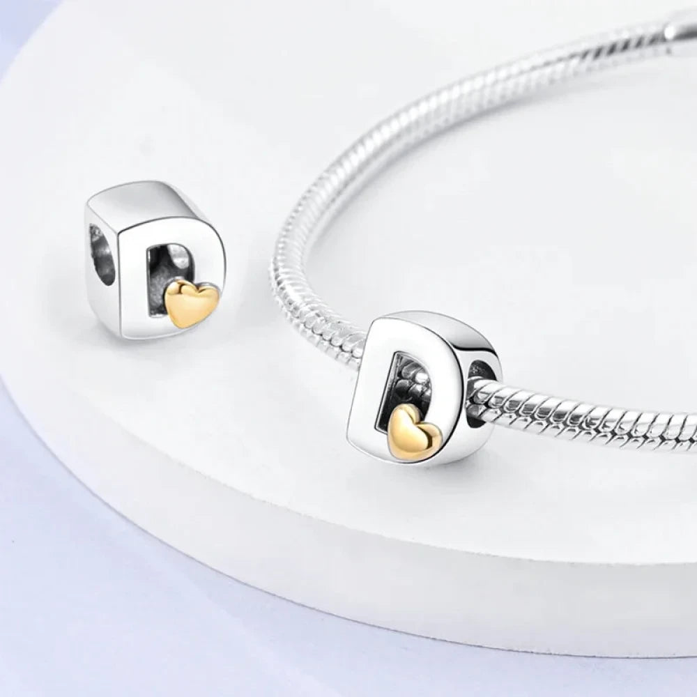Personalize Your Bracelet: 925 Silver Alphabet Bead with Gold Heart - Charms