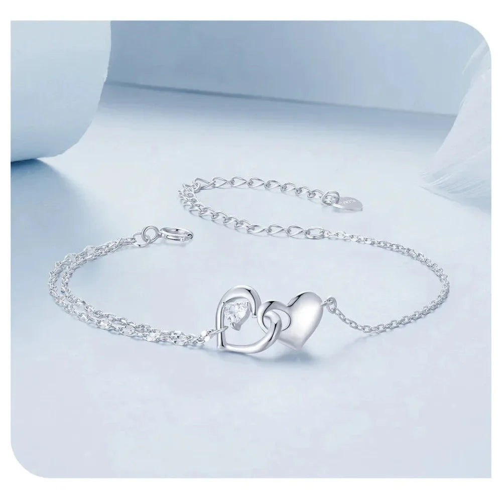 Double Hearts of Love - Sterling Silver Bracelet with Adjustable Chain - Bracelets